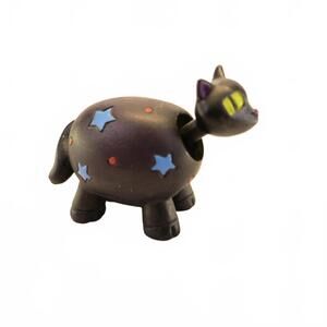 RARE Miniature Bobbling Head Cat Blue Stars Red Dots Black Olive Body 1.75"